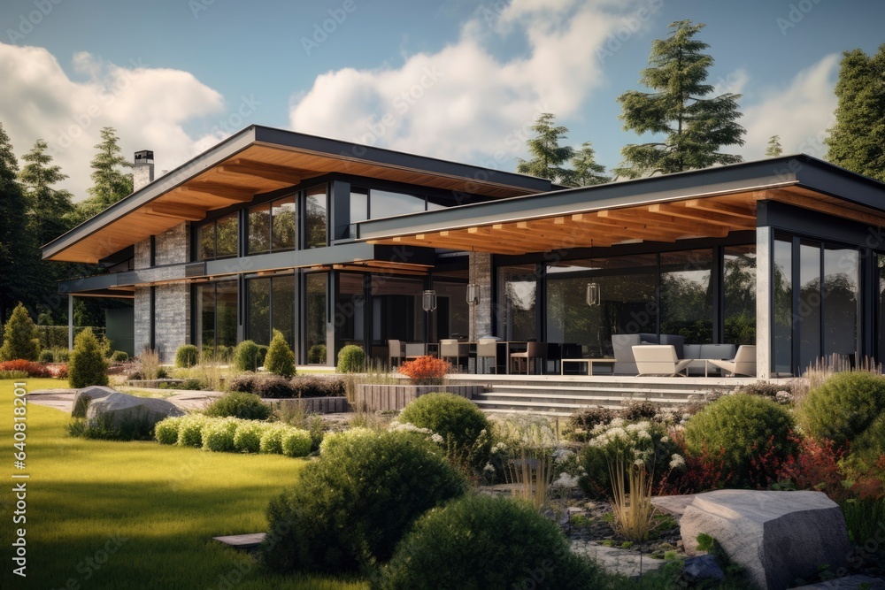 A contemporary house with a stylish covered patio and beautifully landscaped surroundings created with Generative AI technology