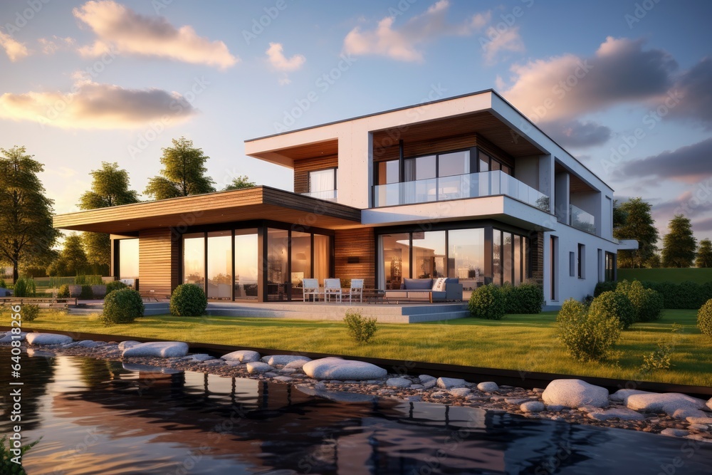 A beautiful lakeside house with stunning views created with Generative AI technology