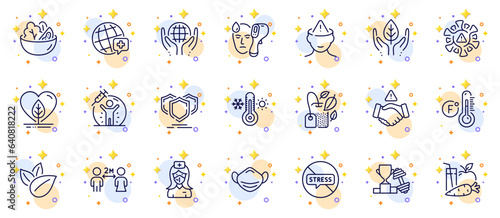 Outline set of Fahrenheit thermometer, Medical mask and Shields line icons for web app. Include Mental health, Organic product, Coronavirus pictogram icons. Salad, Electronic thermometer. Vector