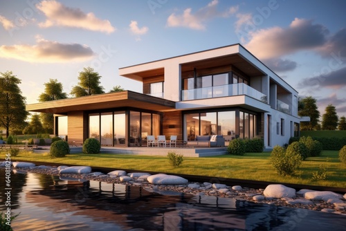 A beautiful lakeside house with stunning views created with Generative AI technology © Karlaage