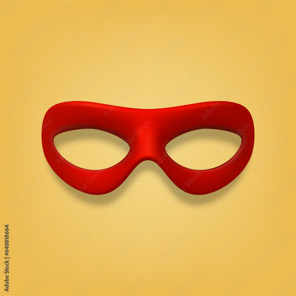Vector 3d Realistic Blank Red Hero Carnival Eye Mask on Yellow Background Closeup. Hero Mask for Carnival, Party, Masquerade Glasses. Design Template for Carnival, Party Ball Concept. Front View