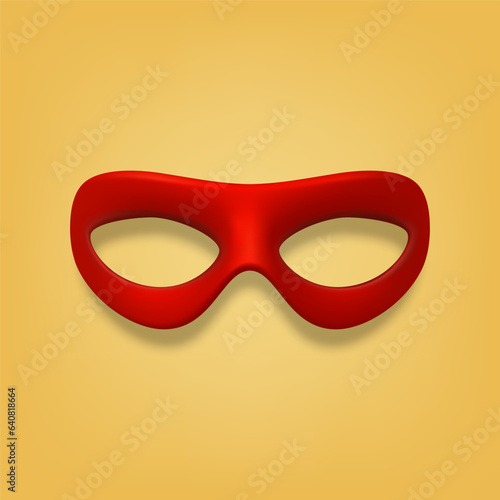 Vector 3d Realistic Blank Red Hero Carnival Eye Mask on Yellow Background Closeup. Hero Mask for Carnival, Party, Masquerade Glasses. Design Template for Carnival, Party Ball Concept. Front View