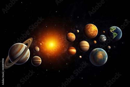 The solar system with all planets orbiting the sun in perfect alignment created with Generative AI technology