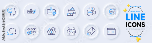 Ethics, Quick tips and E-mail line icons for web app. Pack of Calendar, Education idea, Certificate pictogram icons. Chat message, Money wallet, Stress signs. Good mood, Cyber attack. Vector
