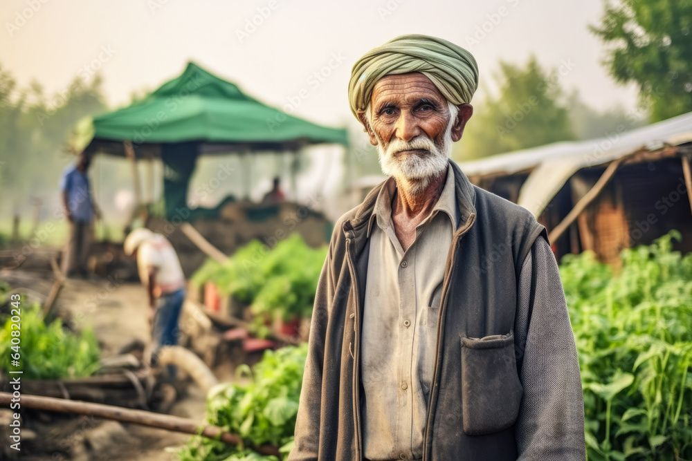Farmer worker, Older Middle Eastern or Arab man standing in front of blurred local farm. Generative AI