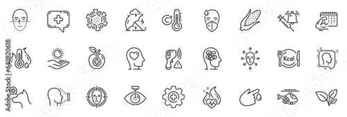 Icons pack as Leaves, Blood donation and Stress line icons for app include Corn, Sick man, Medical helicopter outline thin icon web set. Medical food, Veterinary clinic, Medicine pictogram. Vector