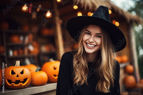 Cute girl in witch costume at Halloween festival, autumn and halloween holidays concept