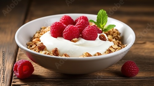  a bowl of granola with yogurt and raspberries. generative ai