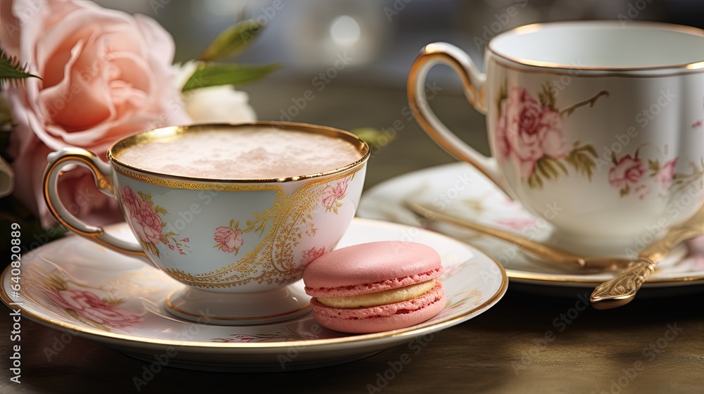 a cup of coffee and a plate with a pastry on it. generative ai a cup of coffee and a plate with a pastry on it. generative ai
