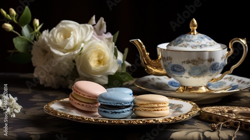  a table topped with a plate of macaroons and a tea pot.  generative ai