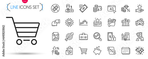 Pack of Donate, Currency rate and Money tax line icons. Include Ad, Report document, Fraud pictogram icons. Corrupt, Portfolio, Loyalty card signs. Private payment, Bribe, Sale bags. Vector