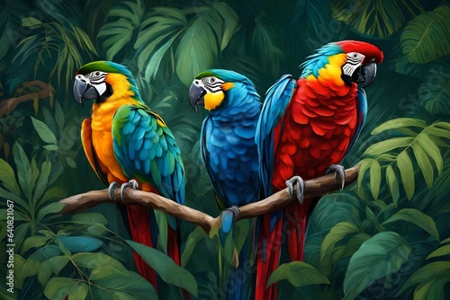A pair of colorful parrots perched amidst the lush foliage of a tropical rainforest.
