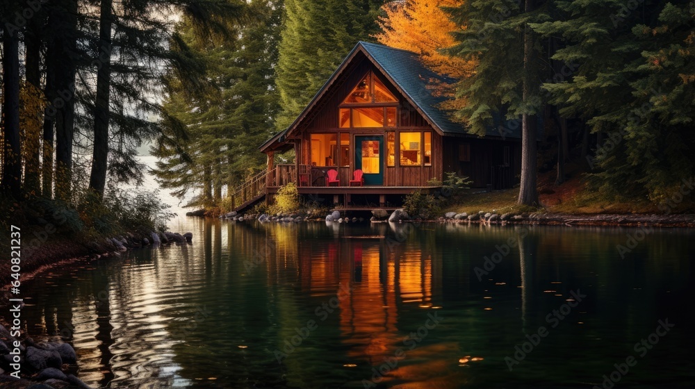 A cabin at a lake