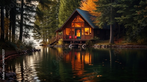 A cabin at a lake