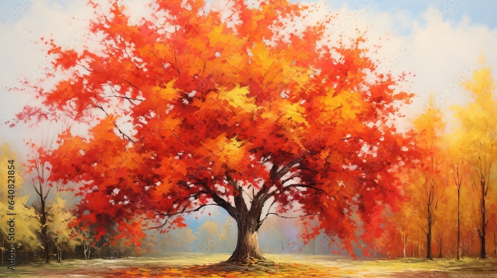 a painting of a tree with red and yellow leaves on it.  generative ai