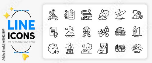 Fisherman, Diet menu and Winner ribbon line icons set for app include Salad, Timer, Sports stadium outline thin icon. Bike path, Success, Dumbbell pictogram icon. Delivery bike, Fitness. Vector