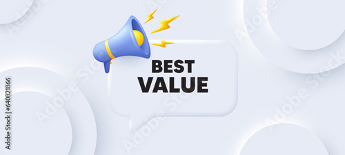 Best value tag. Neumorphic 3d background with speech bubble. Special offer Sale sign. Advertising Discounts symbol. Best value speech message. Banner with megaphone. Vector