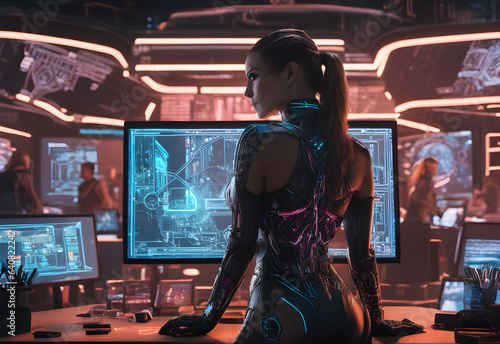 Captivating image of a female cyborg hacker in a dark city corner, hacking a computer system under neon lights