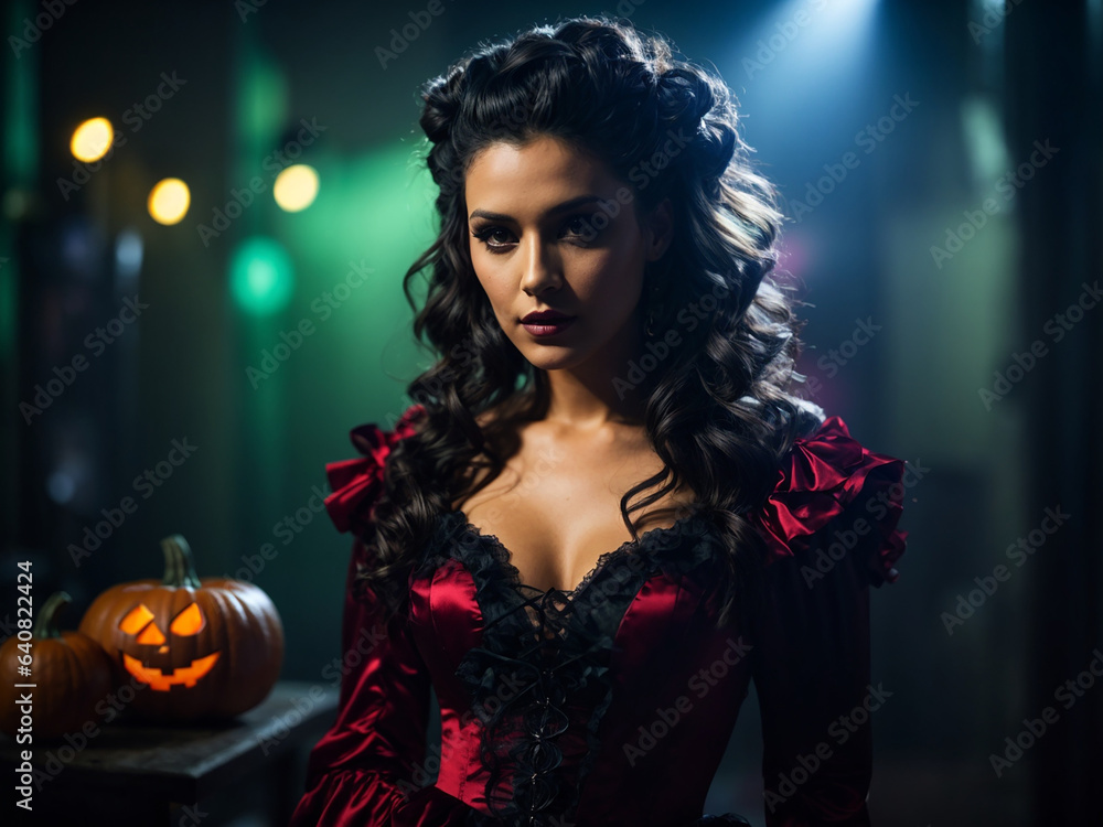 Girl in Dark Halloween Vampire Costume with pumpkin Girl in Dark Halloween Vampire Costume with pumpkin