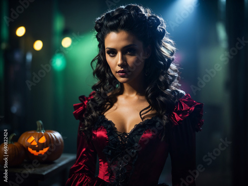 Girl in Dark Halloween Vampire Costume with pumpkin
