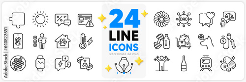 Icons set of Pet shelter, Electricity power and Fan engine line icons pack for app with Fast delivery, Charging cable, Sunny weather thin outline icon. Puzzle, Smartwatch. Design with 3d stars. Vector