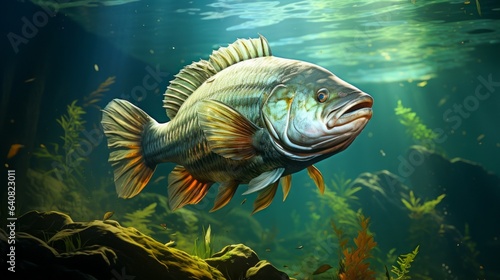 Fishing. Close-up of a fish underwater. Generative AI