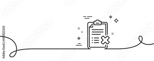 Reject checklist line icon. Continuous one line with curl. Decline document sign. Delete file. Reject checklist single outline ribbon. Loop curve pattern. Vector
