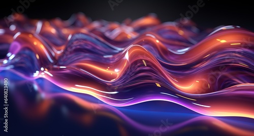 3D illustration of an abstract wavy figure. Multicolored neon background.