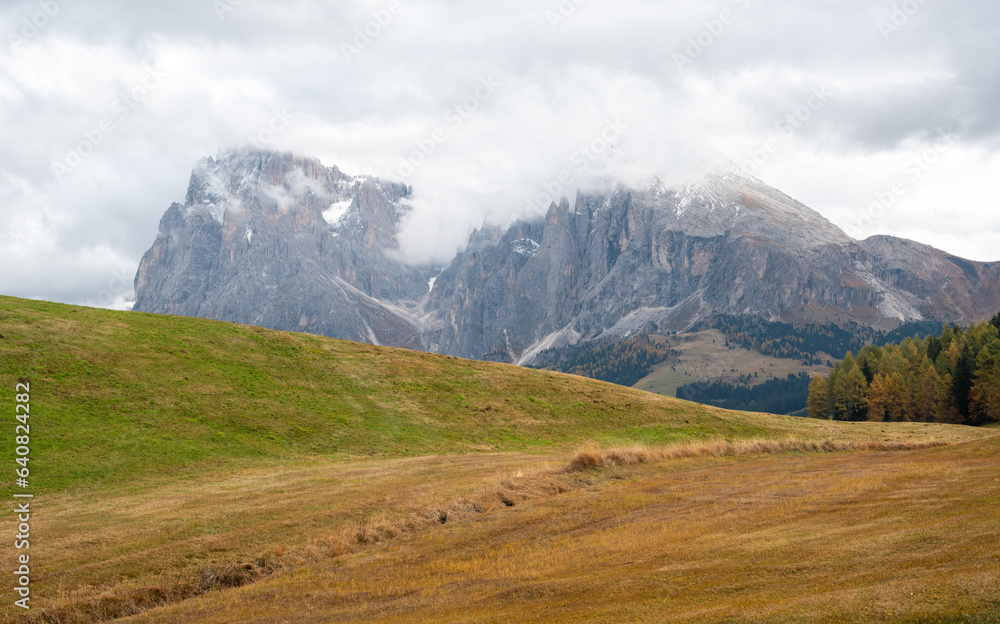 Landscape autumn meadow field. Dolomite rocky peaks.  Alpe di siusi valley Italy.