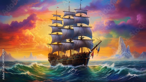  a painting of a sailing ship in the middle of the ocean. generative ai