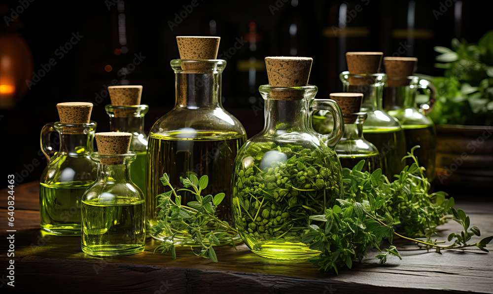 Bottles with oil, herbs on a table on a dark background. Bottles with oil, herbs on a table on a dark background.