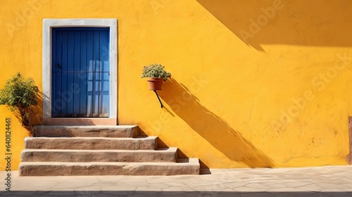  a yellow building with a blue door and a planter.  generative ai