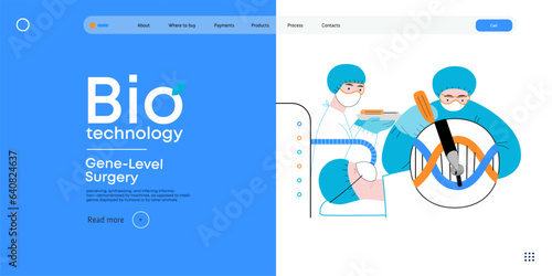 Bio Technology, Gene-Level Surgery -modern flat vector concept illustration of precise genetic modifications at the molecular leve. Metaphor of treating genetic disorders and enhancing human health