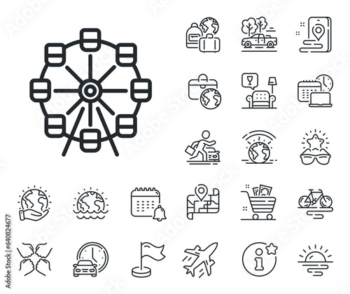 Amusement park sign. Plane jet, travel map and baggage claim outline icons. Ferris wheel line icon. Carousels symbol. Ferris wheel line sign. Car rental, taxi transport icon. Place location. Vector