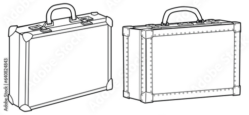 Set of business Briefcase bag flat sketch fashion illustration drawing template mock up, Lockable Silver Aluminum hard shell briefcase bag cad drawing. work briefcase bag flat sketch vector