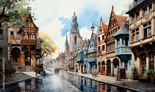 Watercolor drawing, architectural houses in the autumn cityscape.