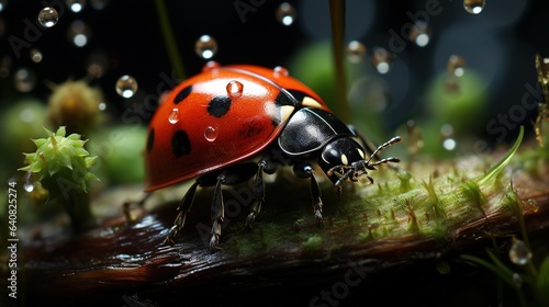  a lady bug sitting on top of a moss covered ground. generative ai
