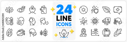 Icons set of Organic tested, Face declined and No sun line icons pack for app with Nurse, Stress, Check eye thin outline icon. Medical chat, Toilet paper, Coronavirus pictogram. Vector