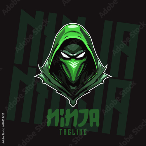 Green Ninja Assassin Illustrated: Logo, Mascot, Illustration, Vector Graphic for Sport and E-Sport Gaming Teams, Killer Ninja Mascot Head
