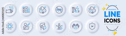 Vitamin k, Coronavirus and Social distance line icons for web app. Pack of Washing hands, Phosphorus mineral, Medical mask pictogram icons. Stop stress, Blood and saliva test. Vector