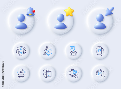 Support service, Delegate work and Brand ambassador line icons. Placeholder with 3d cursor, bell, star. Pack of Shop app, Vision test, Augmented reality icon. Vector