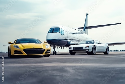 Super car and private jet on landing strip. Business class © GalleryGlider