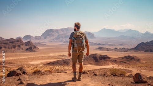 Male hiker, full body, view from behind, standing in the desert
