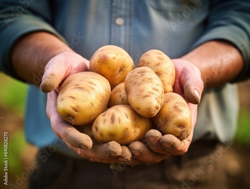 Freshly harvested Potatoes in farmer's hand, close-up shot