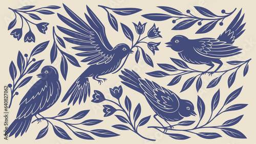 Vintage engraving with birds and foliage. Floral abstract poster with monochrome animals and leaves in contemporary style. Pattern for fabric and textile design. Cartoon flat vector illustration