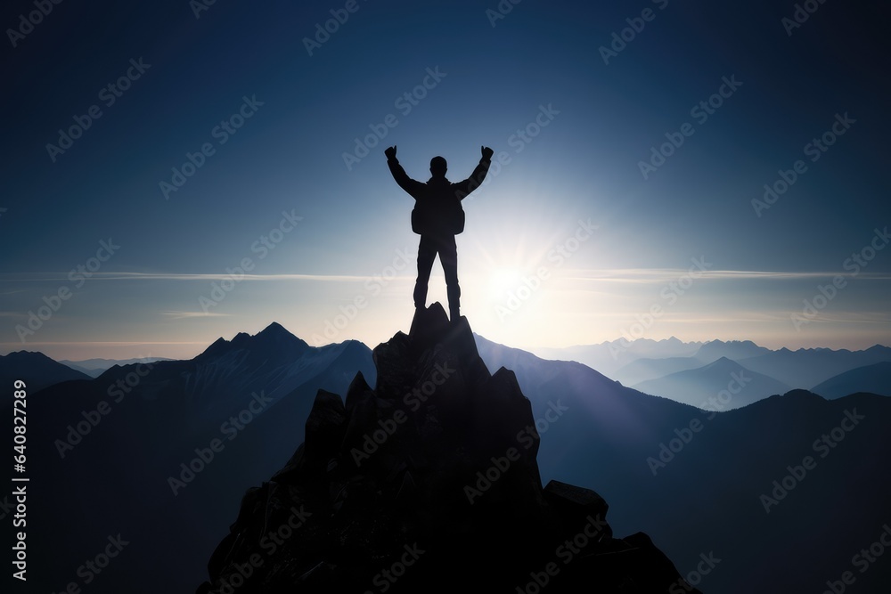 Silhouette of a triumphant individual standing a mountain