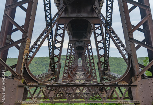 Kinzua state park bridge twisted metal after the hurricane, copy space Pennsylvania landmark attraction, natural light, early autumn season, overcast day.