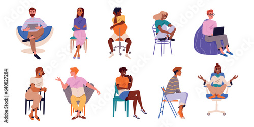 People sitting on different chairs. Character variations in lotus position talking. Smiling men and women on stools and armchairs. Cartoon flat vector collection isolated on white background