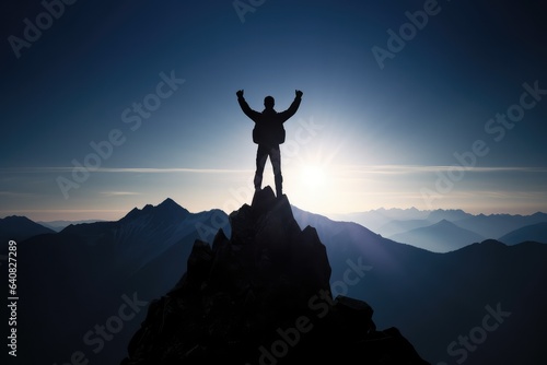 Silhouette of a triumphant individual standing a mountain