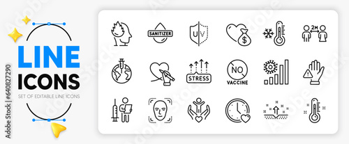 Low thermometer, Clean skin and Coronavirus statistics line icons set for app include Social care, Pandemic vaccine, Thermometer outline thin icon. Stress, Social distancing. Vector